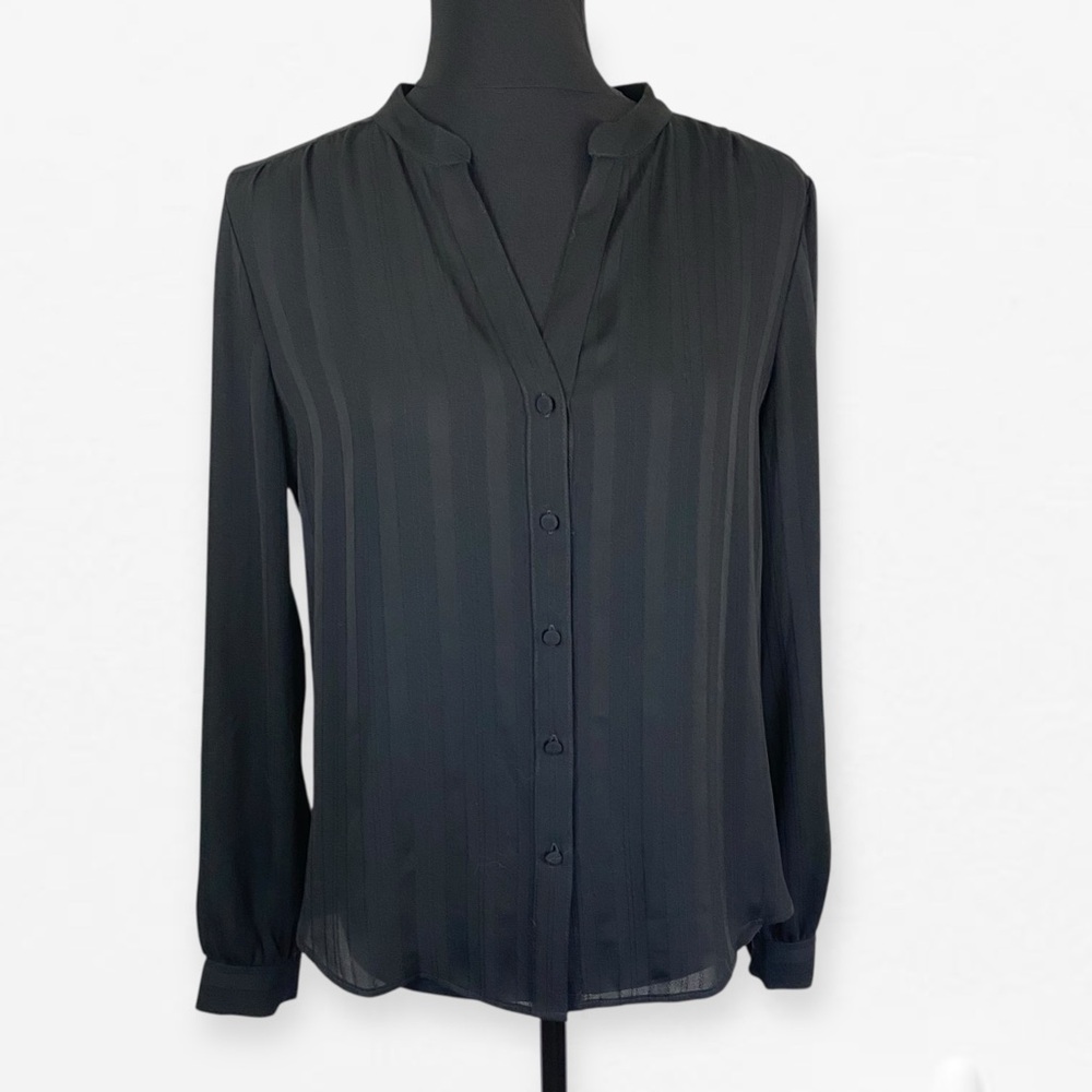 Ann Taylor Black Long Sleeve Sheer Strip Buttoned up career dress Blouse top S